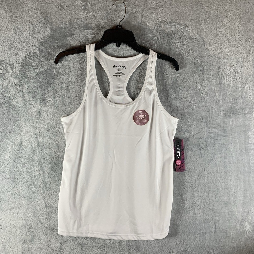 Galaxy Women's Tank Top M White Racerback‎ Moisture Wicking Performance Stretch